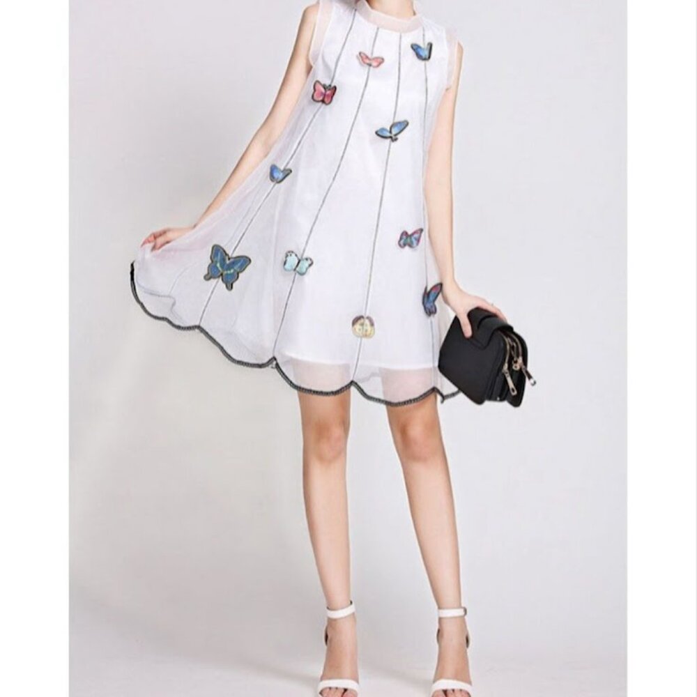 Sleeveless White Organza Butterfly Embroidered Shift Dress